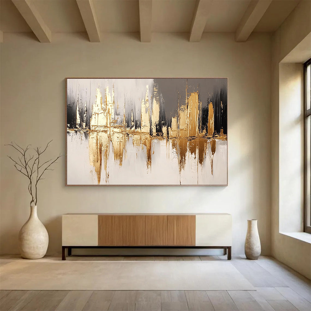 Gold and Gray Cityscape Abstract Painting with Reflective Textures DYP311