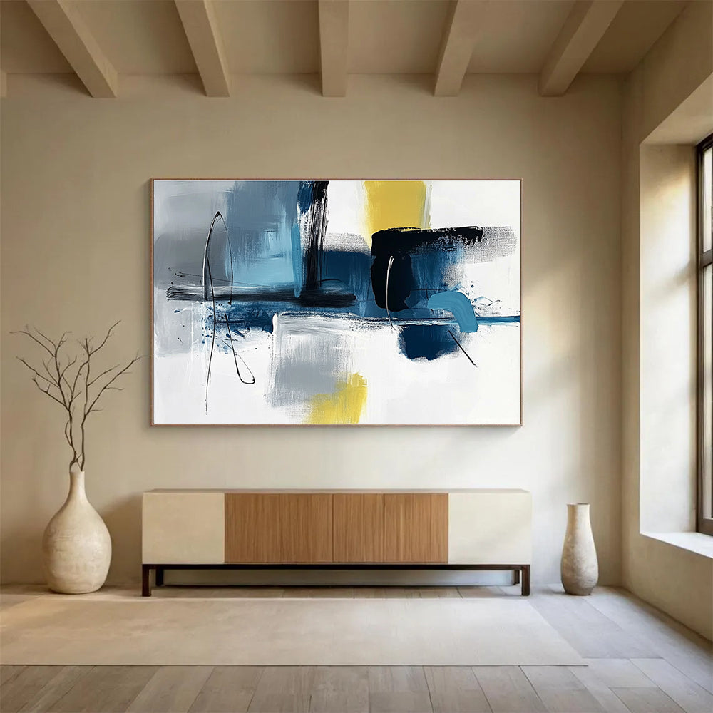 Blue Grey and Yellow Abstract Painting with Dynamic Brushstrokes DYP194