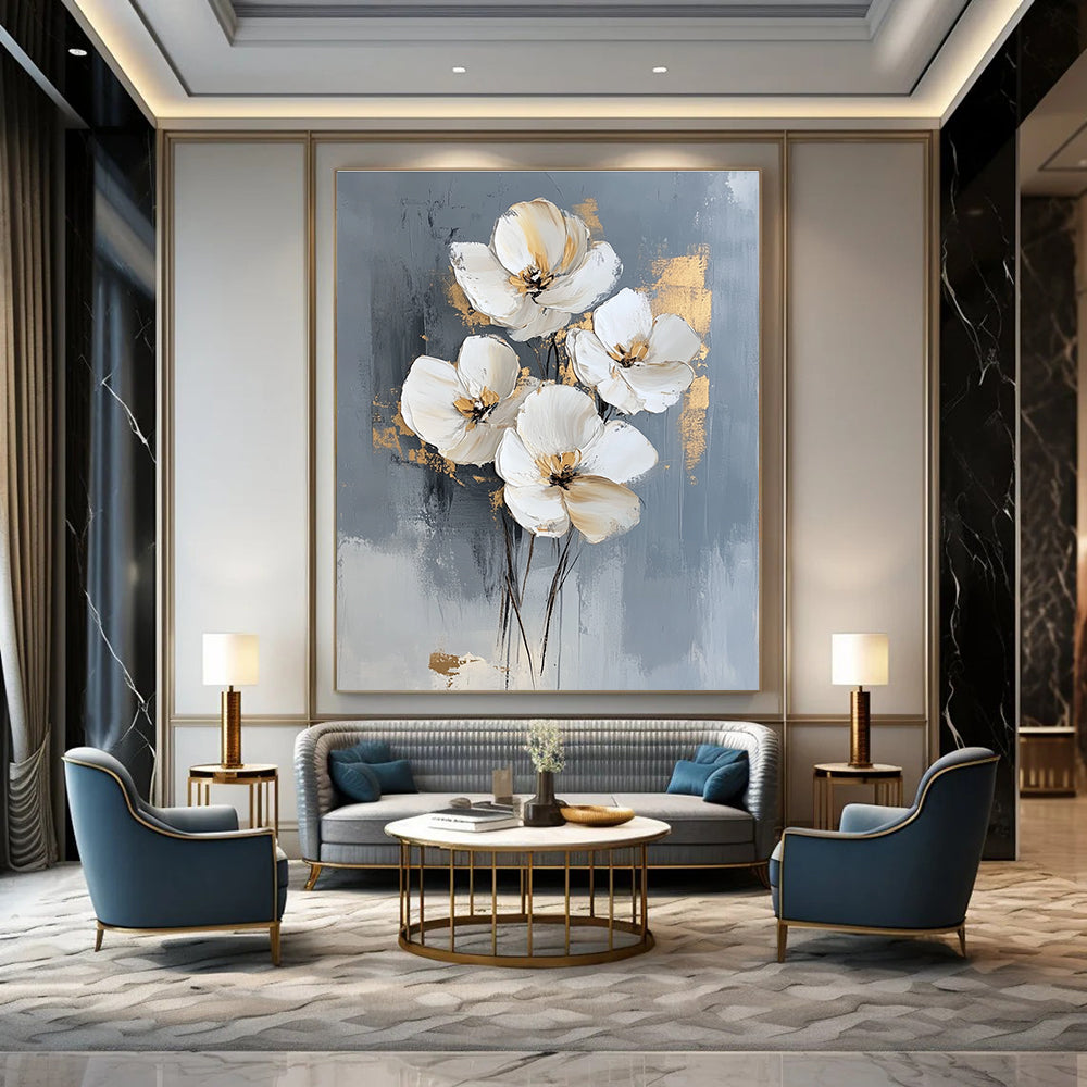 Large abstract oil painting featuring white flowers on a gray background with elegant gold accents for a stunning modern decor statement.STSC511