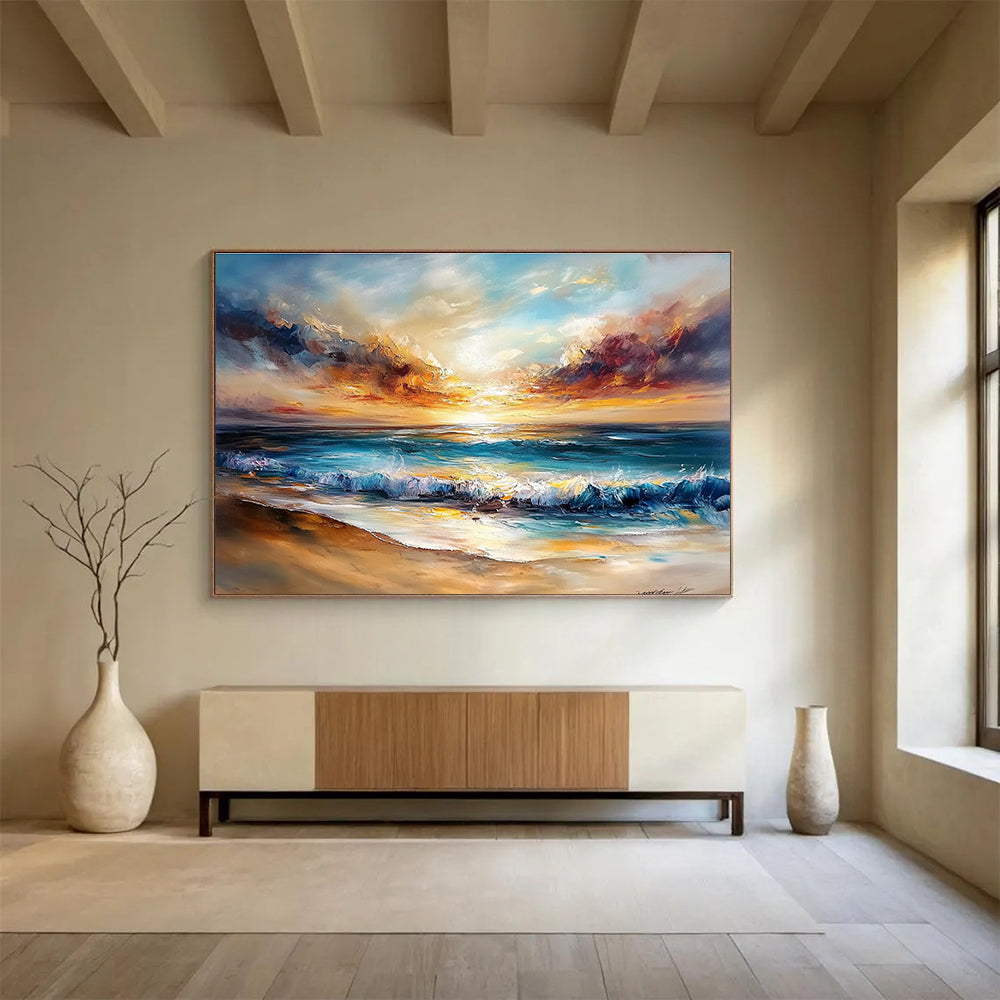 Abstract oil painting of a tranquil beach scene featuring a sunset with golden sand and vibrant colors evoking serenity and calmness for home decor.SC417