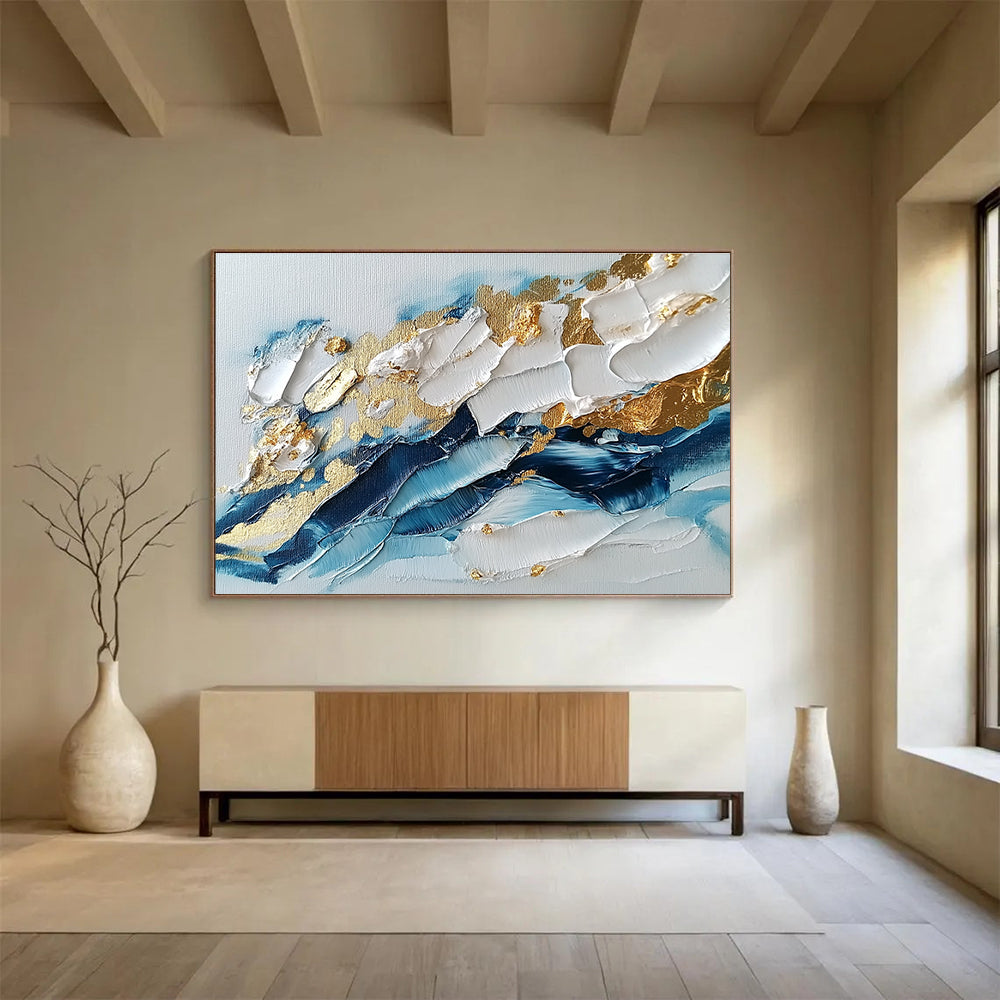 Blue White Gold Textured Abstract Painting with Thick Brushstrokes DYP260