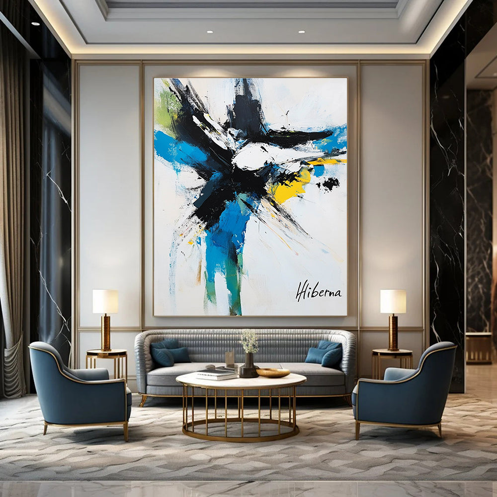 Large abstract painting featuring dynamic brush strokes in white black blue yellow and green capturing an animal in motion signed Hiberna.STSC1097
