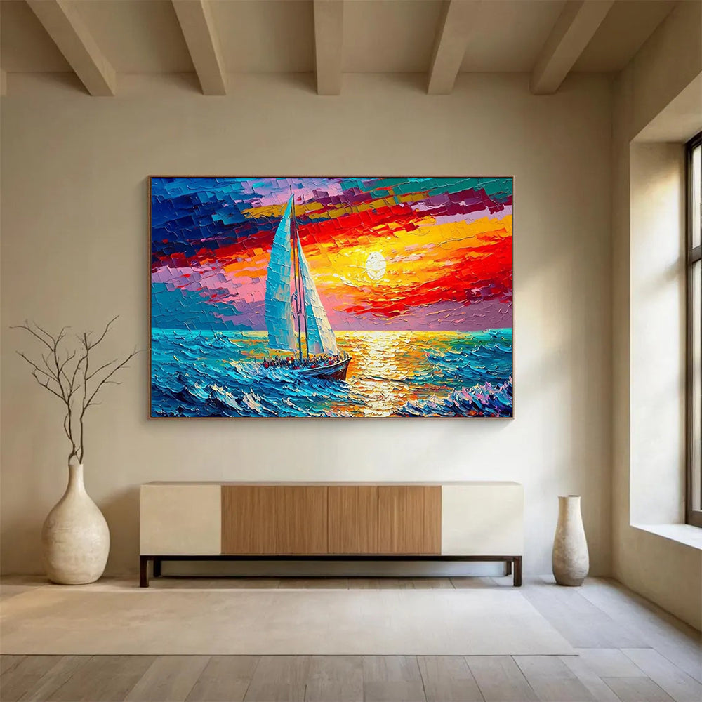 Sunset Sail Abstract Painting with Vivid Sunset Hues THY312