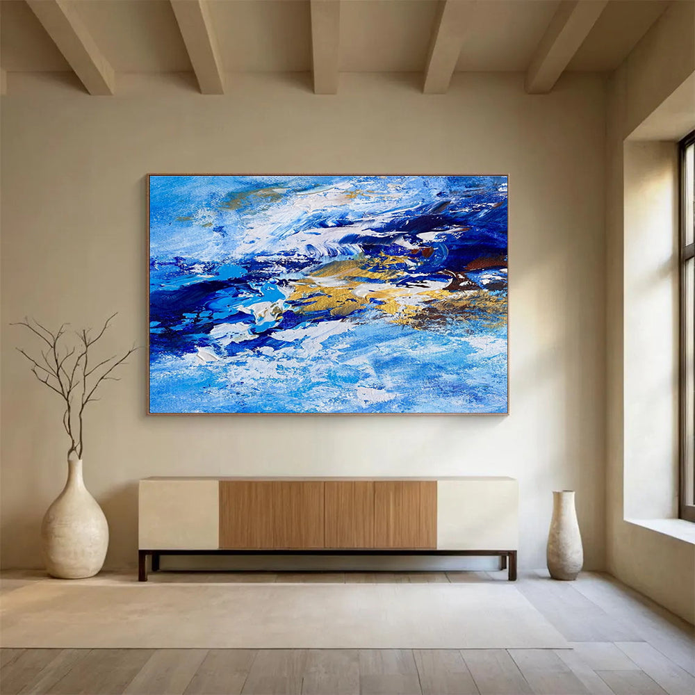 Blue Gold Abstract Painting with Ocean Wave Motifs THY345