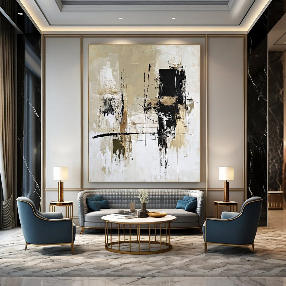 Large abstract painting with bold brushstrokes in high-contrast black white and beige featuring layers of color and dynamic shapes for modern decor.STSC413