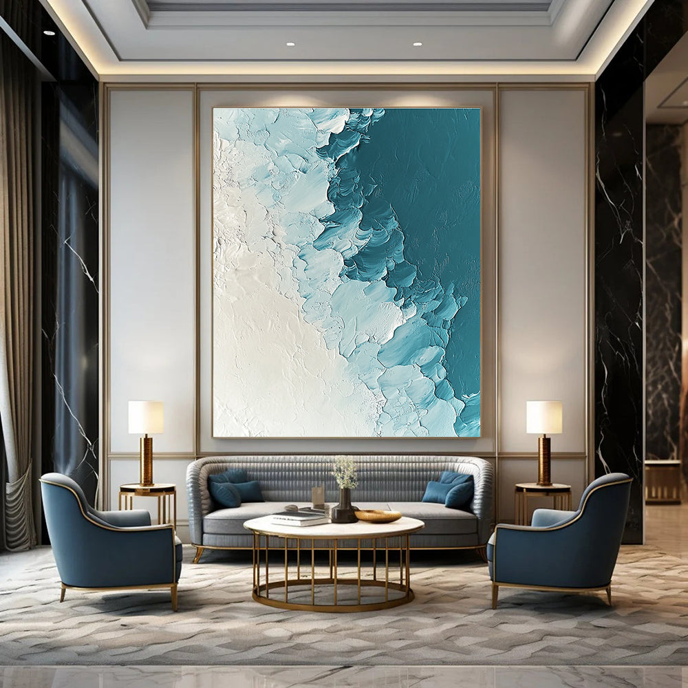 Large abstract painting depicting ice and snow in light blue and white tones with heavy impasto texture and ultra-high resolution.STSC311