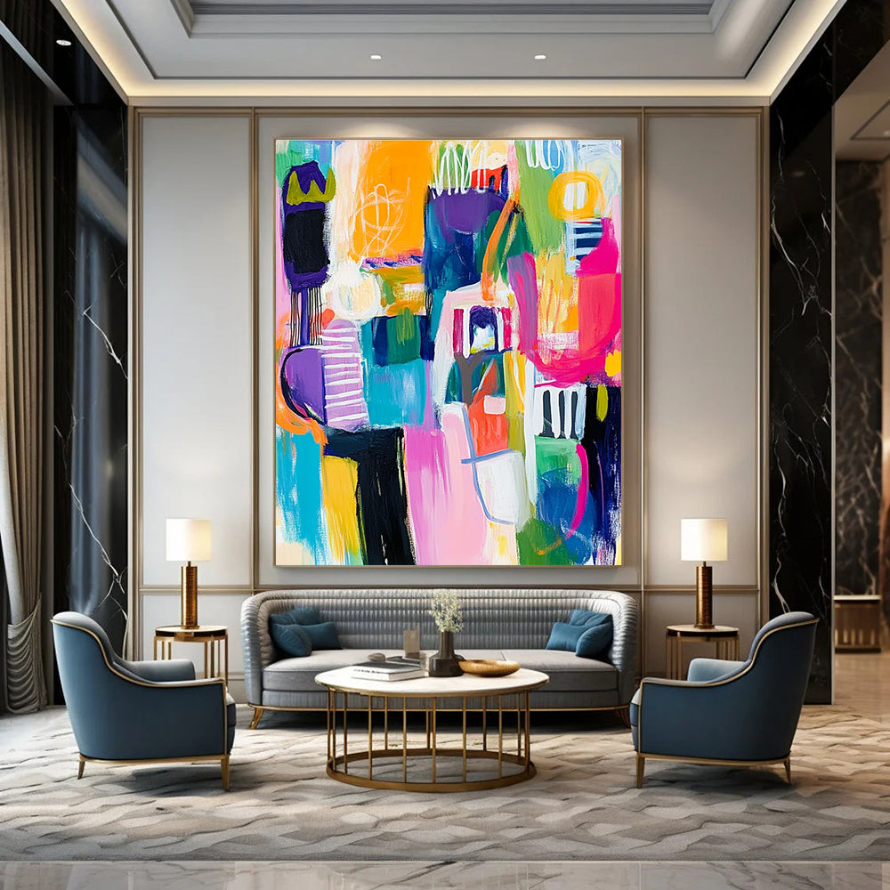 Large abstract painting with colorful whimsical shapes thick brushstrokes and bold lines in vibrant hues capturing dynamic elements of houses cars and people.STSC678
