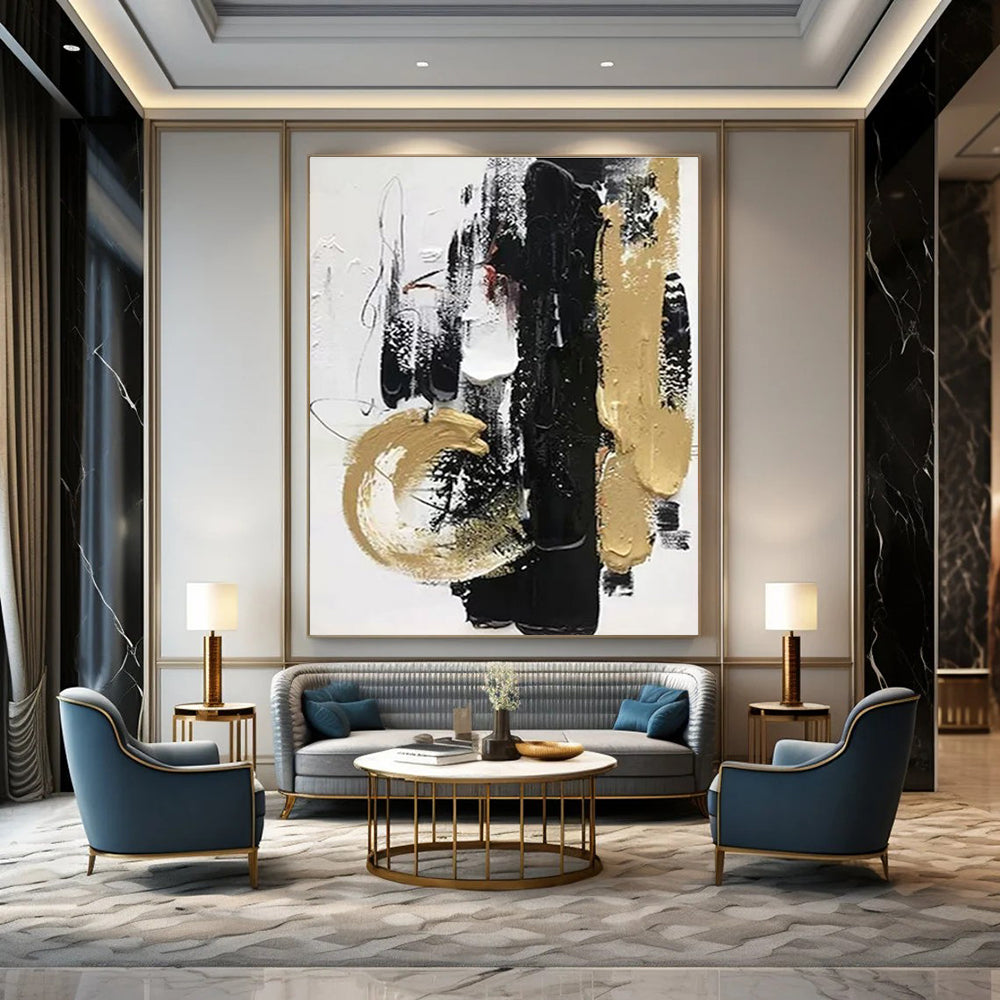 Black Gold and White Abstract Painting with Textured Layers ADGE146