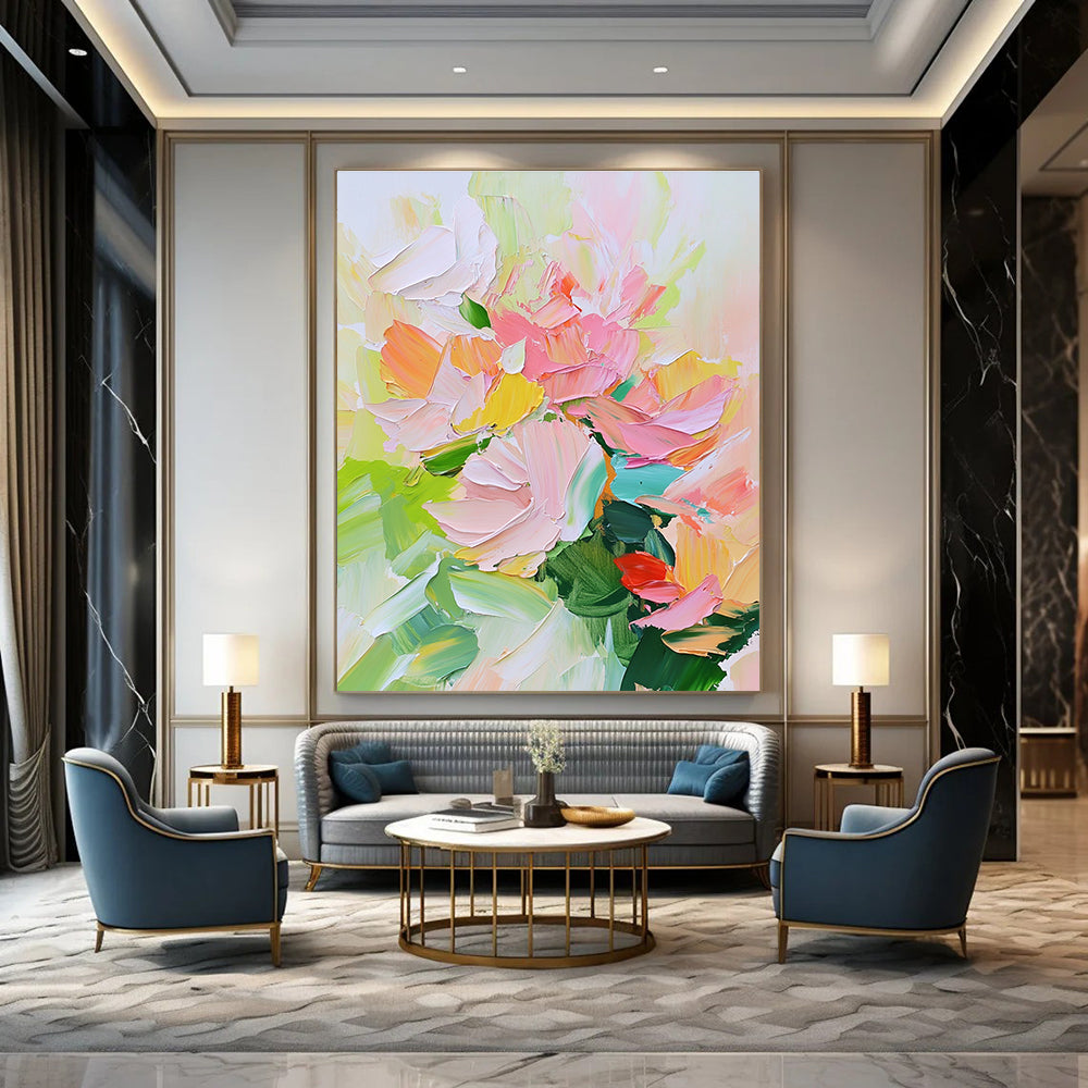 Large abstract painting of spring flowers in soft pastel colors with thick palette knife strokes of pink and green.STSC700