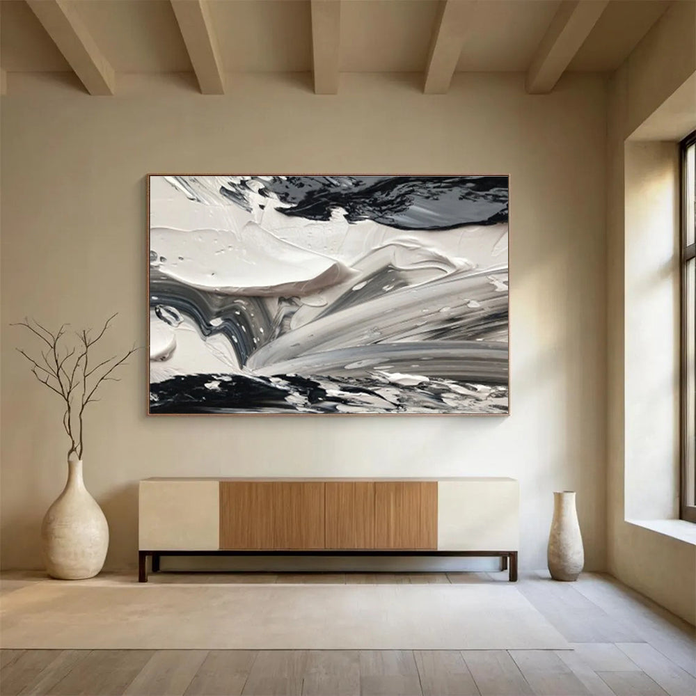 Monochrome Texture Abstract Painting with Black and White Swirls THY314