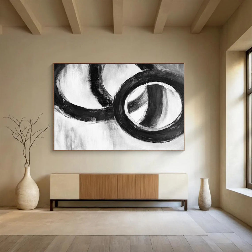 Large abstract painting featuring intertwined rings with simple shapes soft edges and fluid lines on a neutral background.SC013