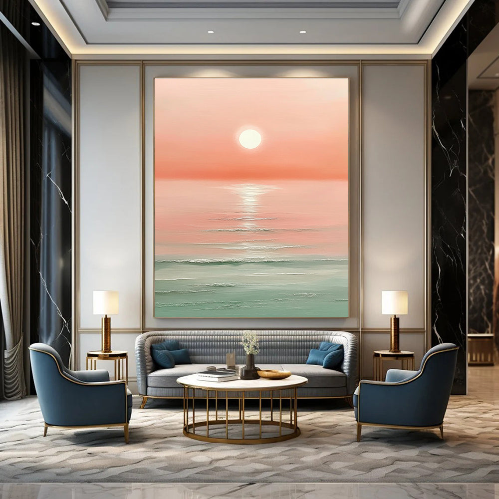 Large abstract painting featuring a pink sunset over the ocean with a white sun and soft muted colors.STSC1424