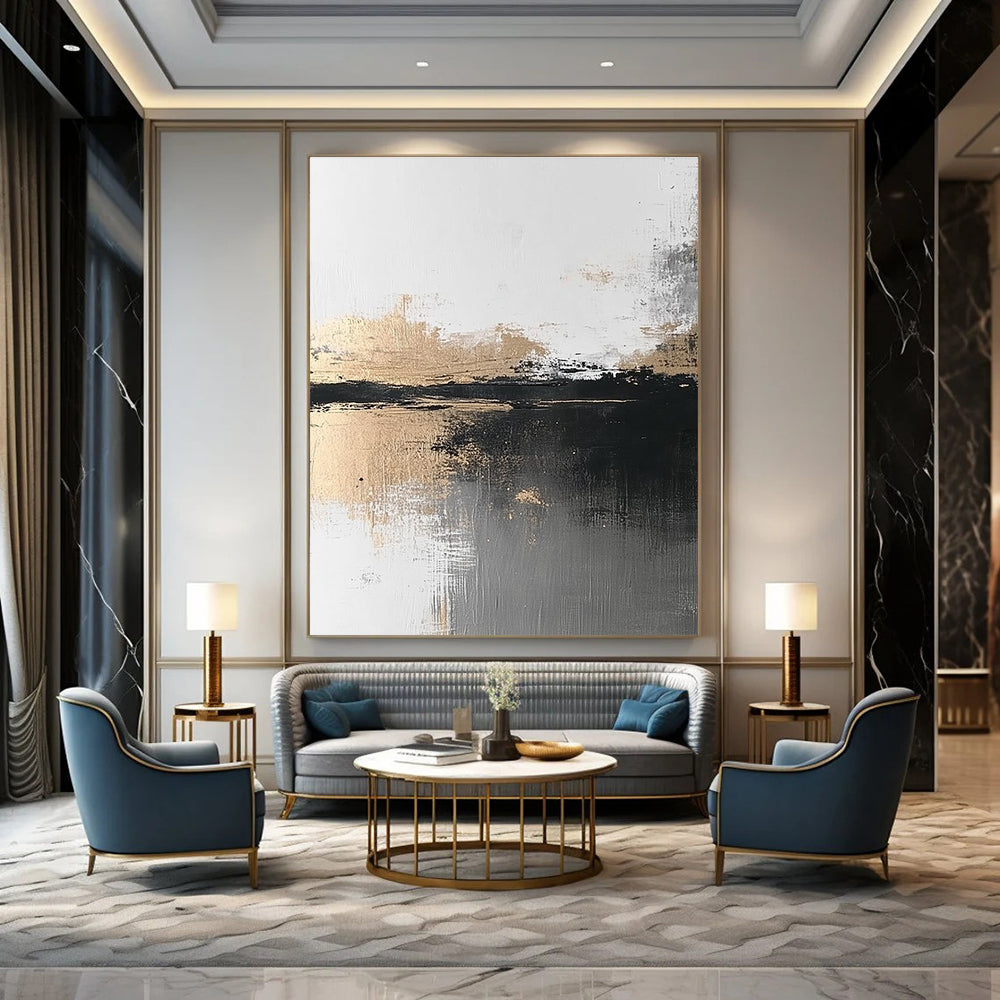 Abstract painting featuring atmospheric grey and gold tones with a minimalist landscape evoking calmness and serenity through brush strokes and textured water reflection.STSC387