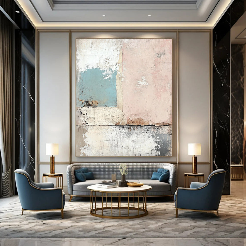Large abstract painting featuring a weathered wall in soft pastels with a nostalgic texture reminiscent of vintage wallpaper.STSC657