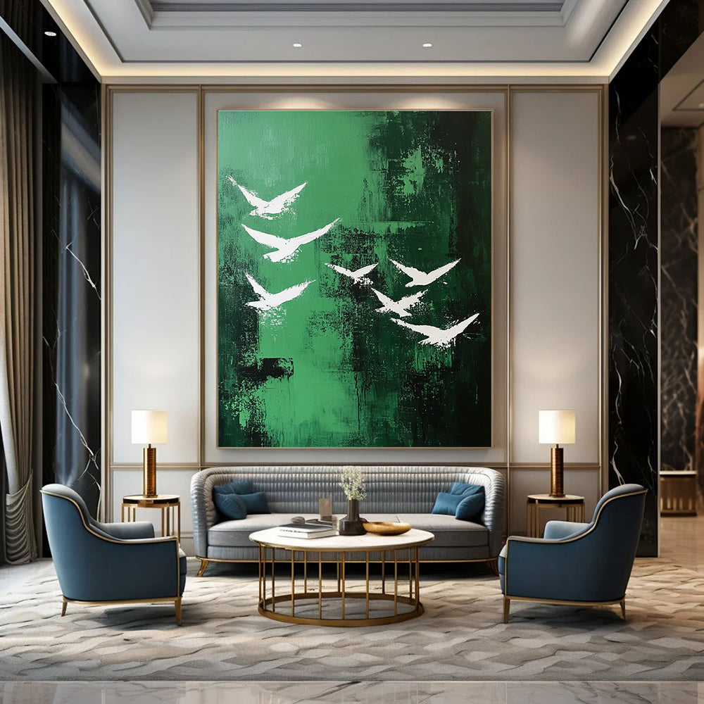 Abstract painting featuring white birds soaring over a vibrant emerald green landscape in a minimalistic style.STSC362