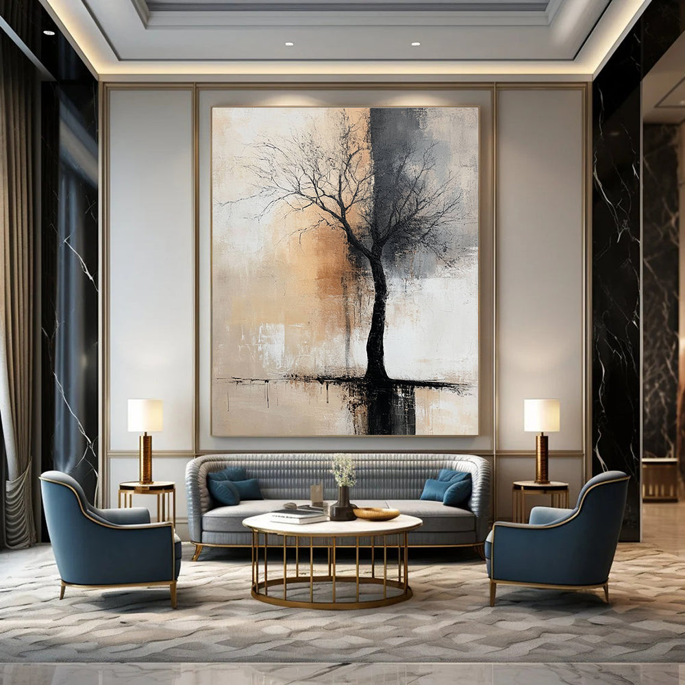 Large abstract painting featuring neutral colors in muted gray and beige tones, perfect for elevating any modern space.STSC492