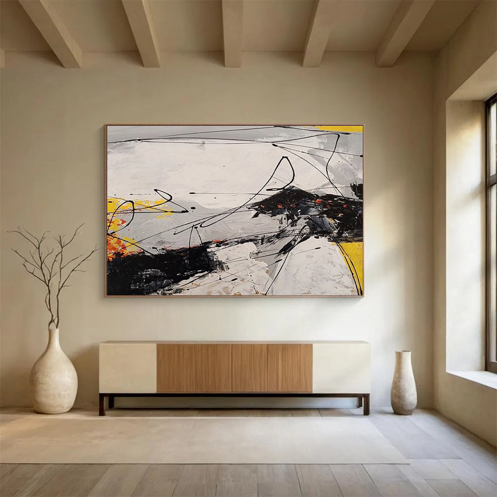 Black Yellow Grey Dynamic Lines Abstract Painting THY029