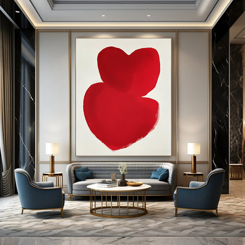 A large abstract painting featuring overlapping red hearts on a white background inspired by minimalist art in the style of Mark Rothko.STSC1192