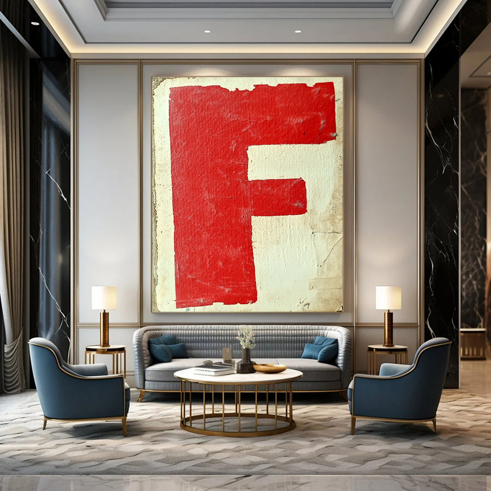 Large abstract artwork featuring red and white graffiti of the letter F with simple shapes on textured paper inspired by Gerd Arntz style.STSC1415