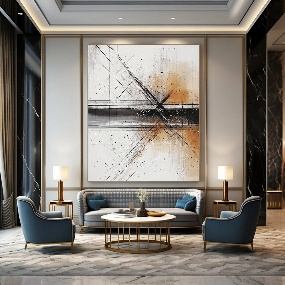 Large abstract painting with fluid lines and shapes in light gray dark beige and subtle amber tones featuring ink washes and soft atmospheric effects.STSC321
