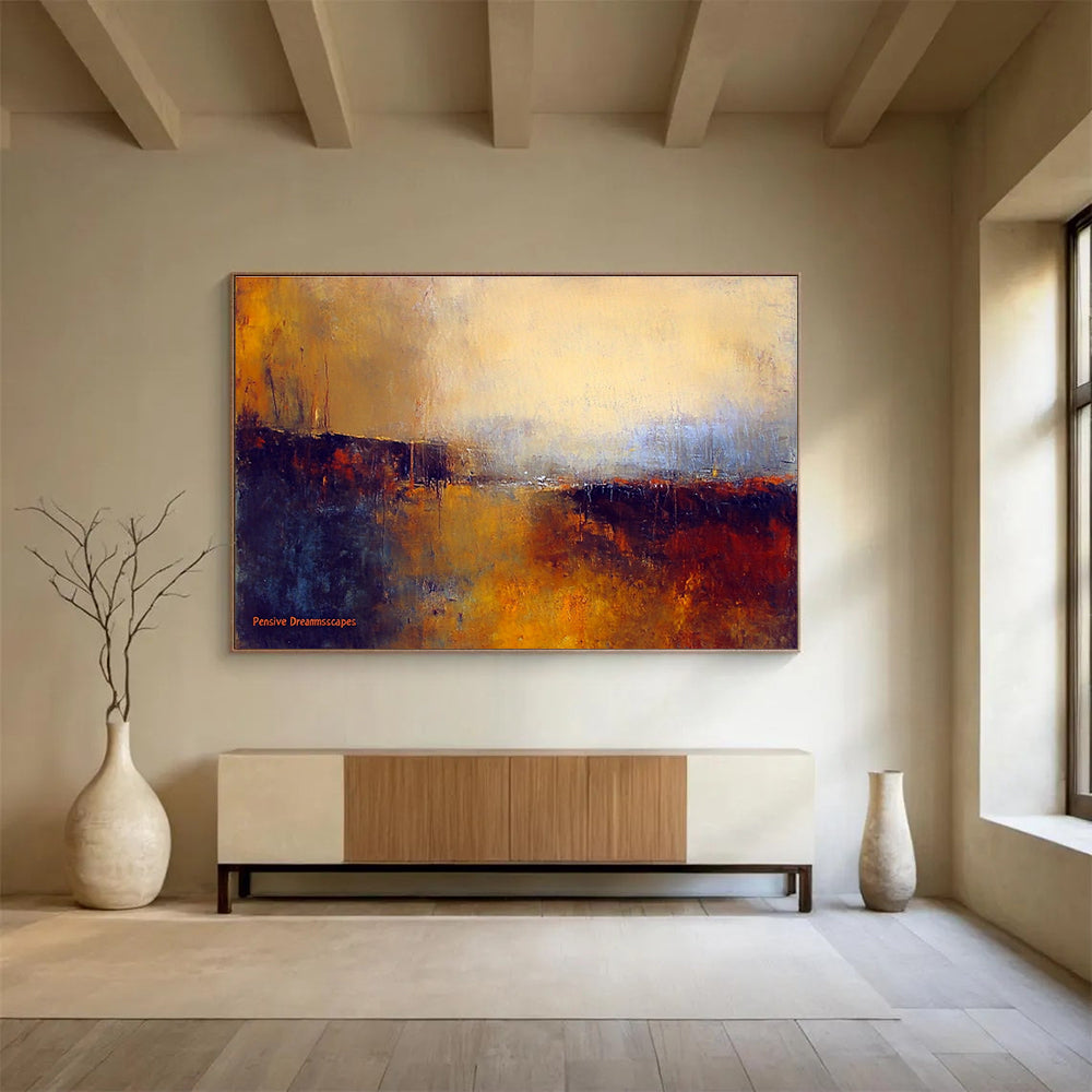 Large abstract painting titled Pensive Dreamscapes featuring blurred landscapes in dark brown and light orange with impressionistic aquarelle style.SC338