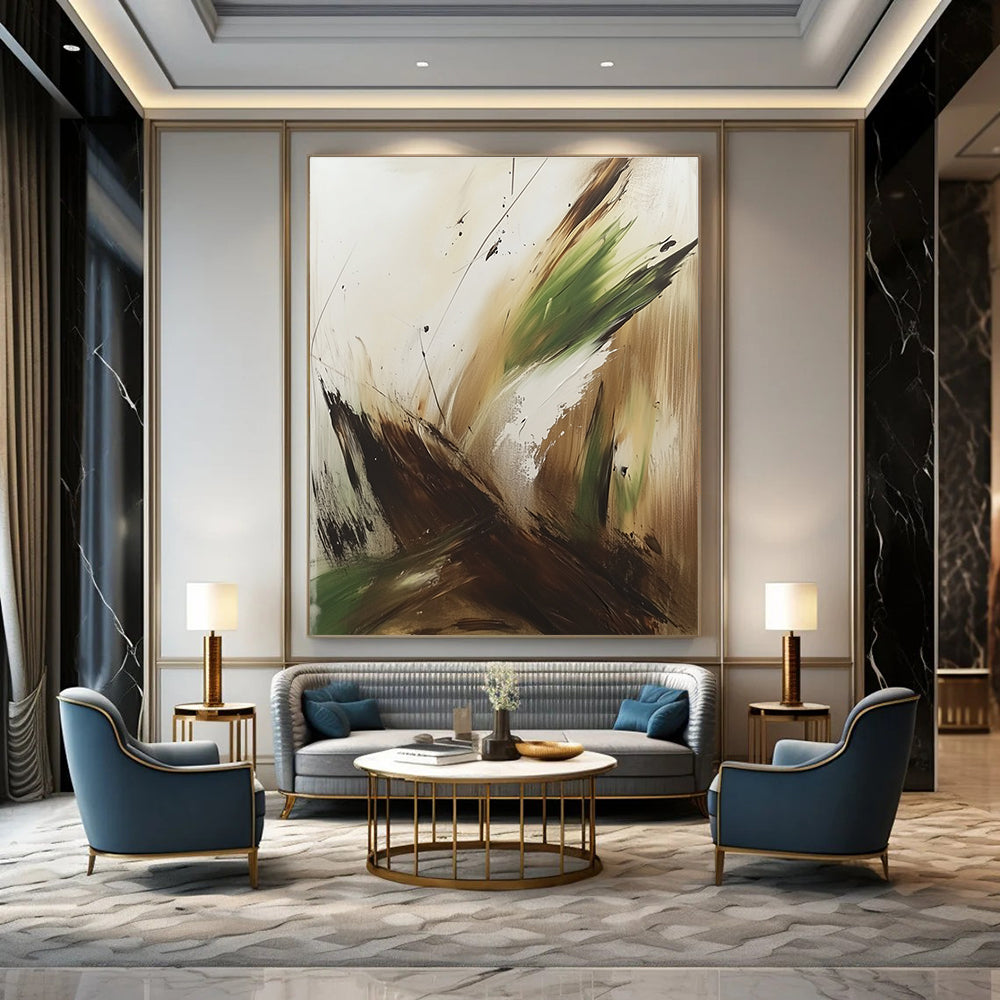 Large abstract painting in earthy brown green and white tones featuring thick brush strokes and splashes inspired by Marjane Satrapi.STSC752