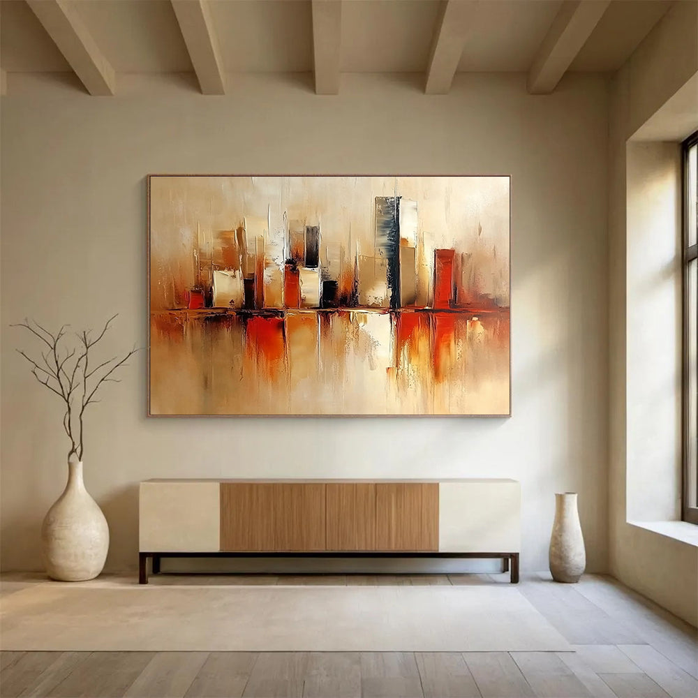 Large abstract painting featuring a modern cityscape in warm beige and red tones with soft brush strokes and minimalist design.SC098