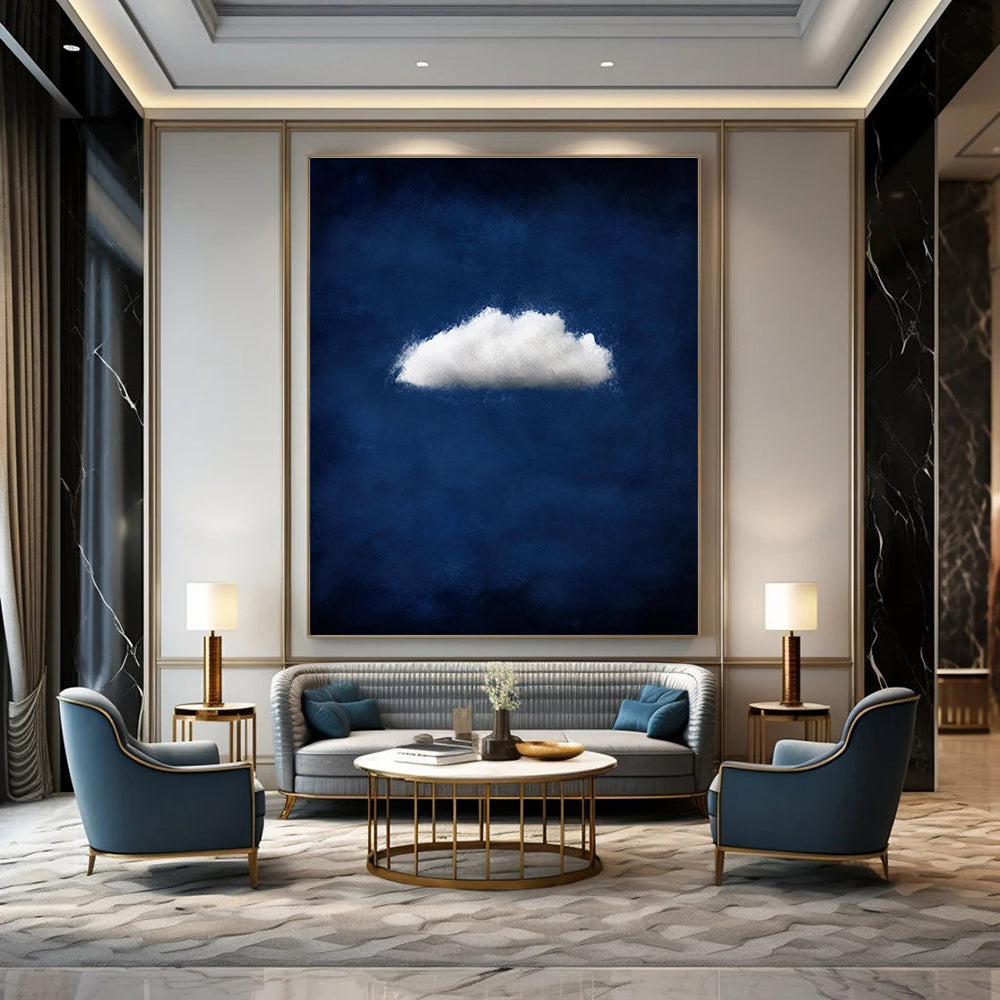 Large abstract artwork featuring a small white cloud on a dark blue backdrop creating a moody and atmospheric minimalist design.STSC1404