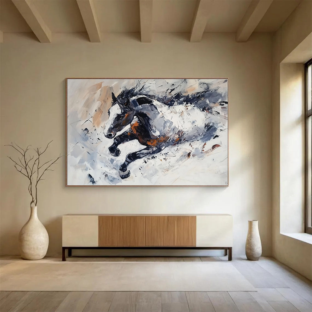 Large abstract painting of a horse in snow featuring loose brush strokes monochrome tones with brown white accents and dynamic textured movement.SC594