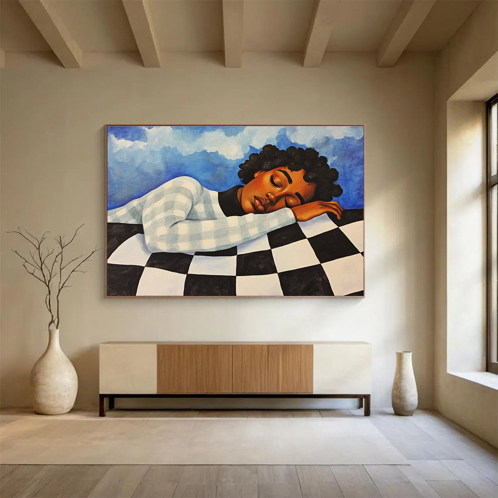 An abstract painting featuring an African American woman in a checkered sweater, resting against a blue sky with clouds, evoking a vintage 1970s style.SC402