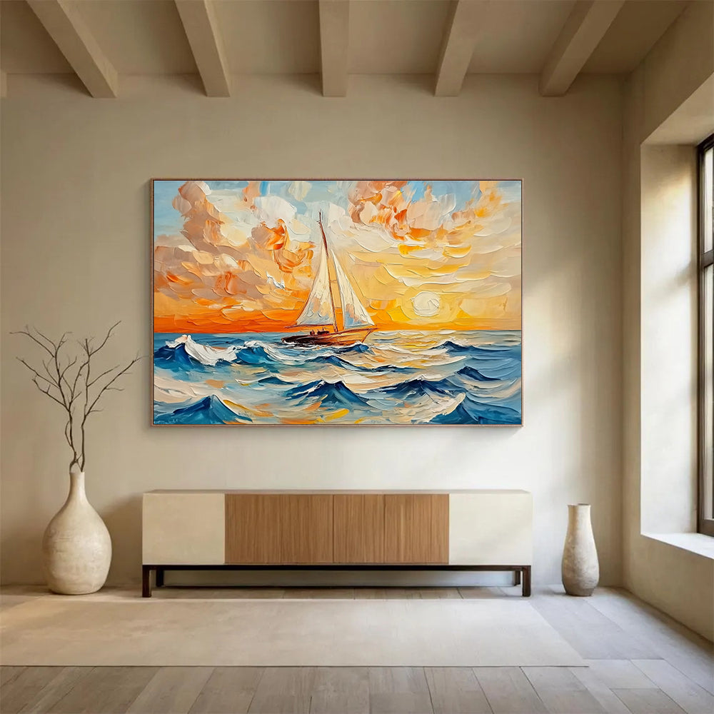 Sailboat Sunset Sea - Textured Seascape Abstract Painting DYP011
