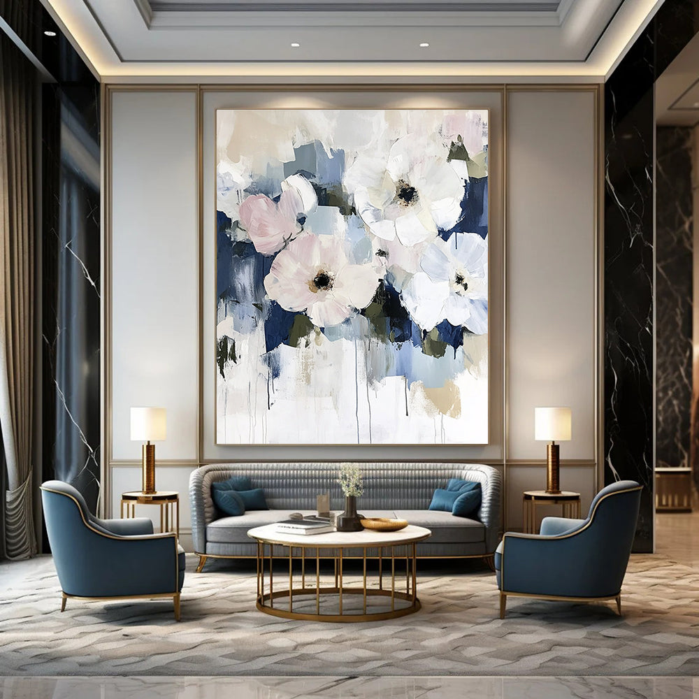 Large abstract floral painting in soft pinks and whites with hints of blue featuring minimalist style and soft brushstrokes on neutral tones.STSC056