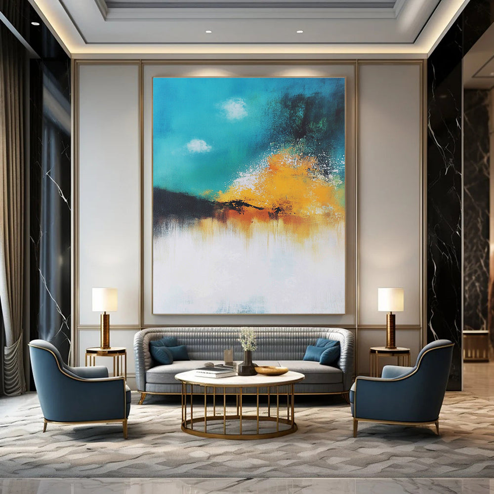 Large abstract painting of a serene explosion in pastel teal and yellow with soft smoke rising and a vintage hand-drawn feel.STSC643