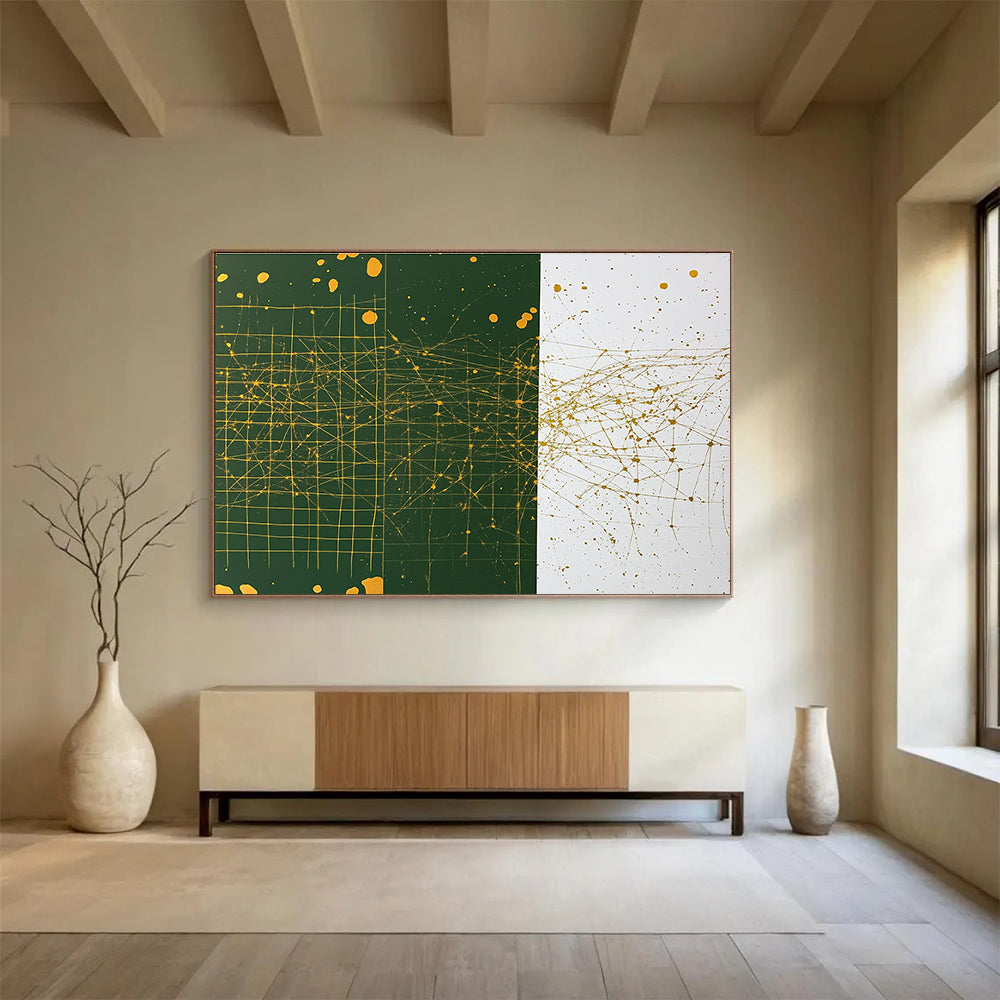 An abstract painting featuring a grid pattern in white and green with yellow splashes gold ink and dark green designs with brown dots.SC471