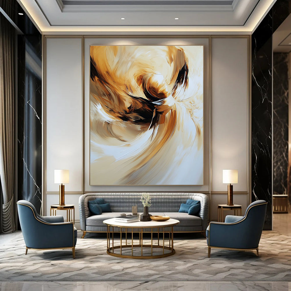 Large abstract painting of an angel featuring swirling brush strokes in warm beige and brown tones for a captivating aesthetic.STSC634