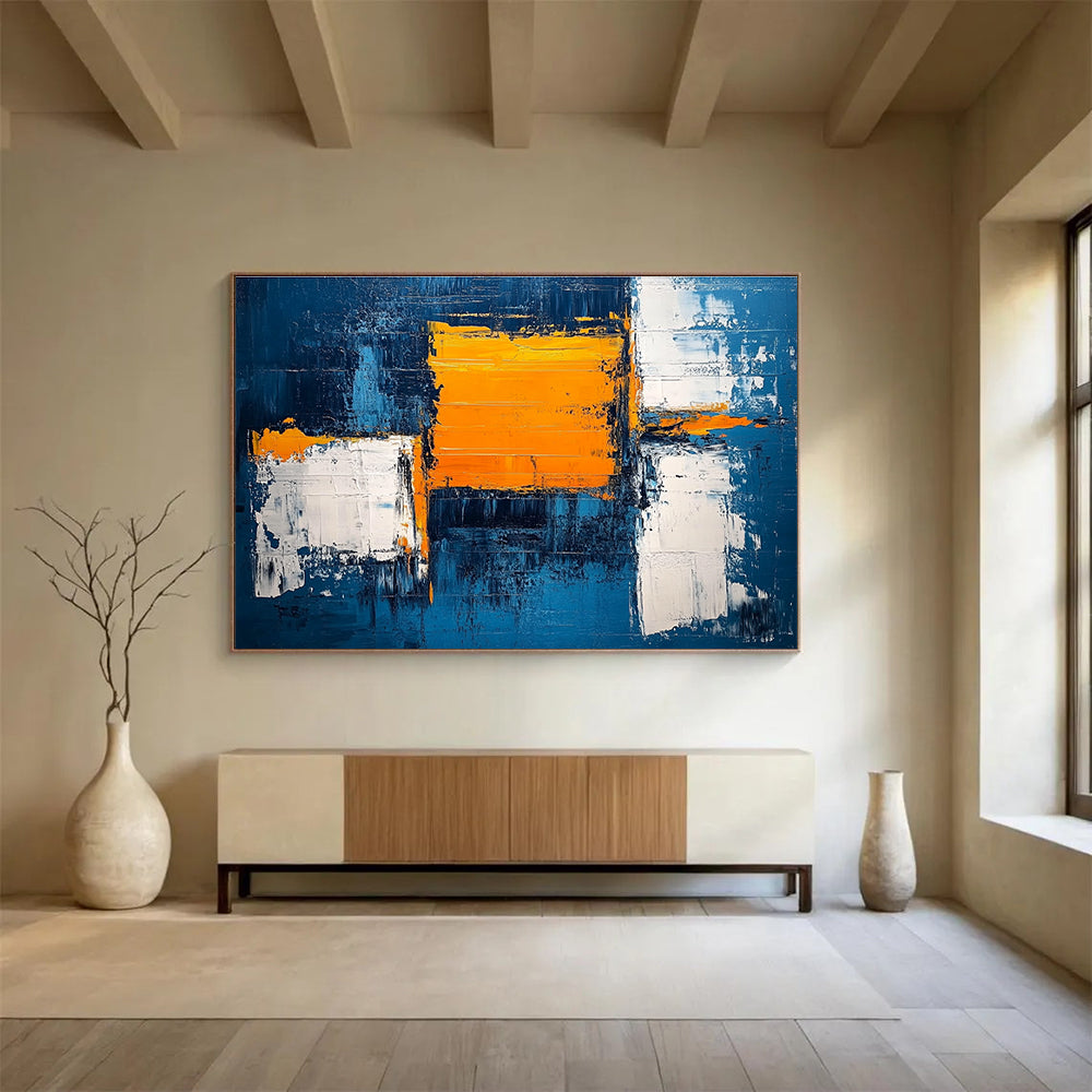 Blue and Orange Abstract Painting with Textured Color Blocks DYP382