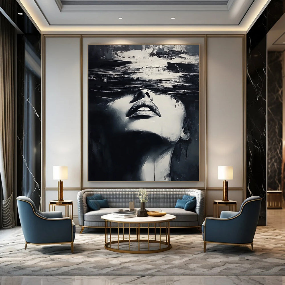 A large abstract painting of a woman's face emerging from water in dynamic black and white brushstrokes inspired by Yoji Shinkawa and Dominik Mayer.STSC1385