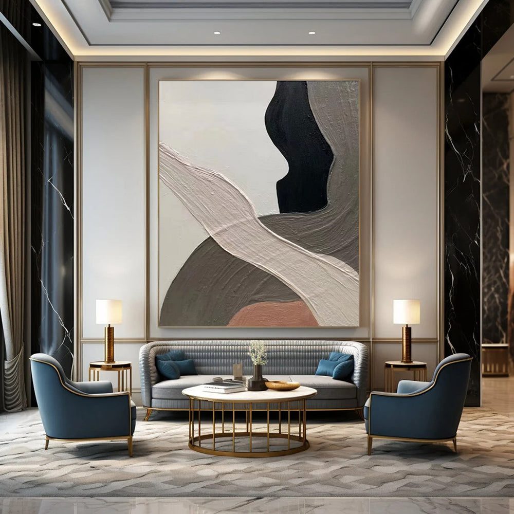 Close - up of Neutral Abstract Painting with Intricate Curves ADGE523