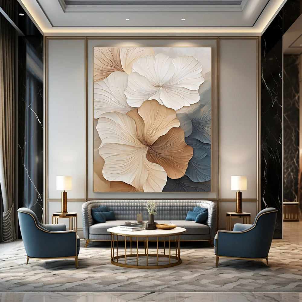 Large abstract artwork featuring textured petals in beige and white showcasing fine lines and depth against a minimalist background.STSC963