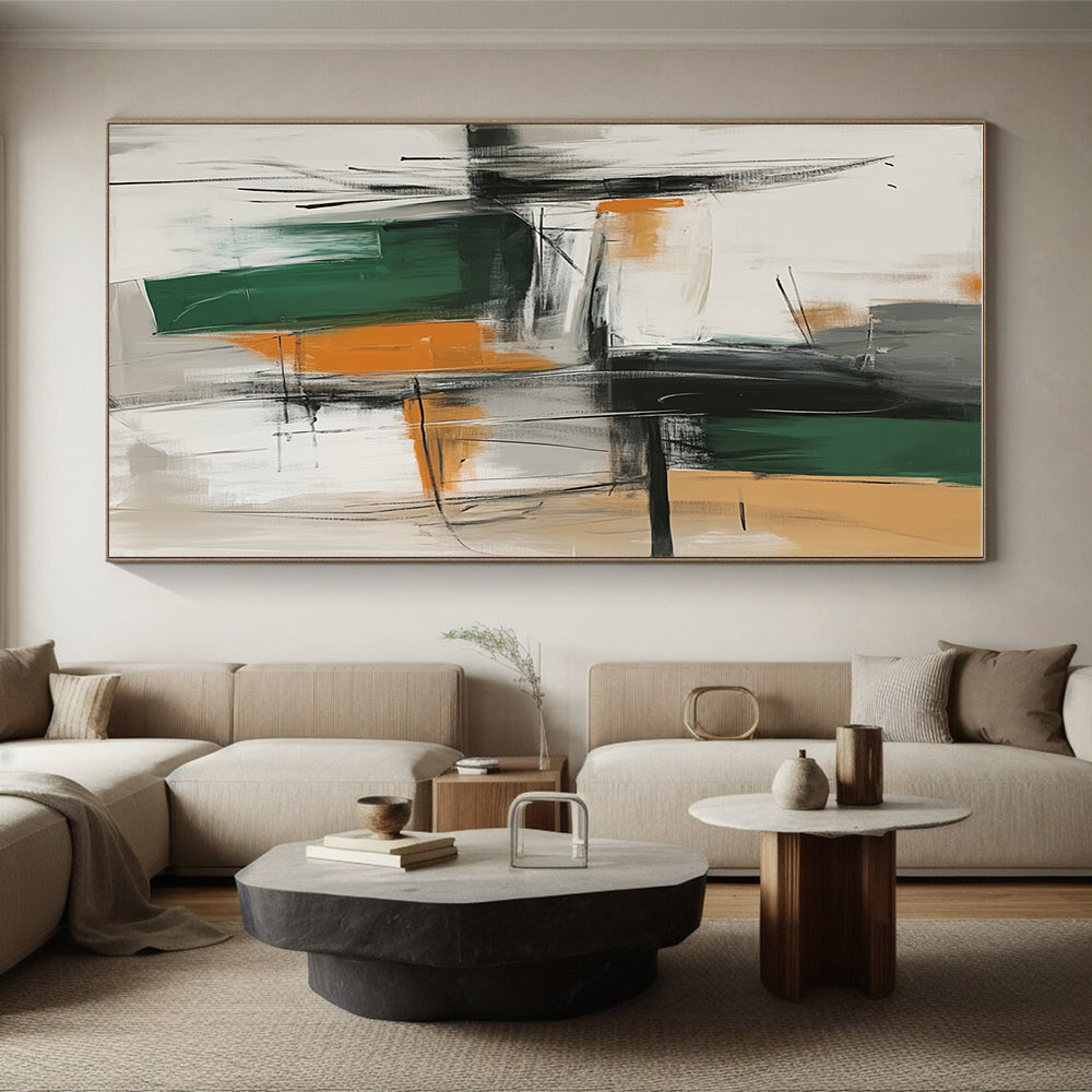 Green Orange Abstract Painting with Intersecting Lines GER817