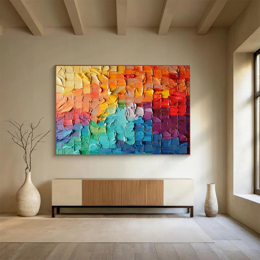 Rainbow Palette Knife Abstract Painting with Layered Color Squares THY299