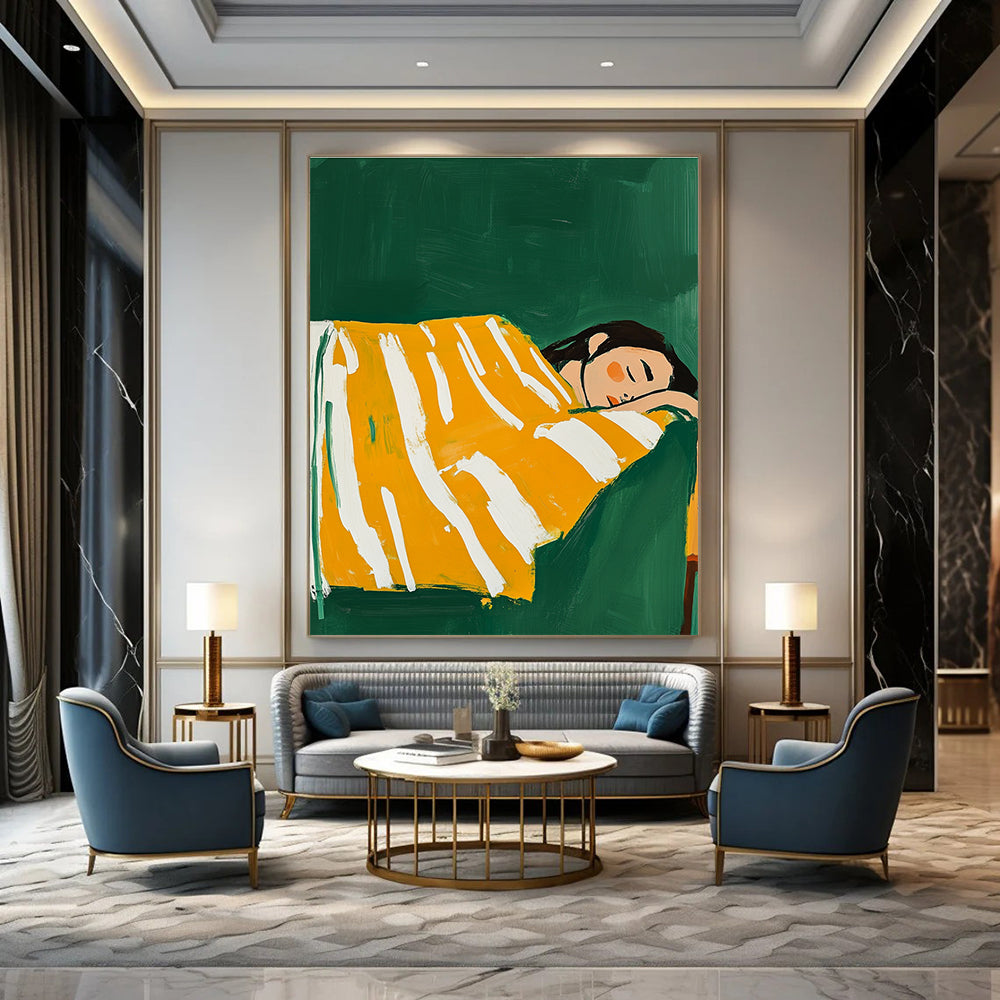 A large abstract painting featuring a woman in a yellow and white striped blanket sleeping on a couch with a vibrant green background.STSC1267