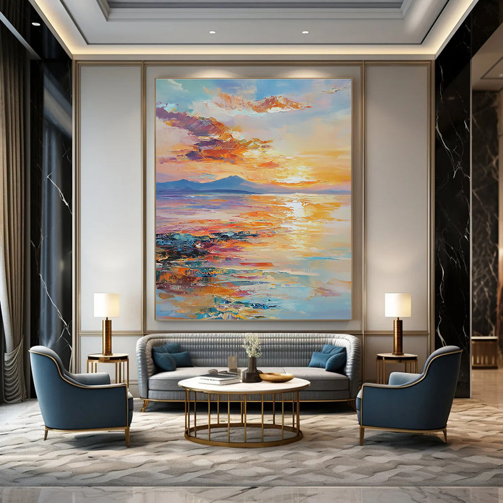 Large abstract painting of an ocean sunset with warm hues reflecting on water showcasing tranquility and nature's beauty in a dreamy atmosphere.STSC865