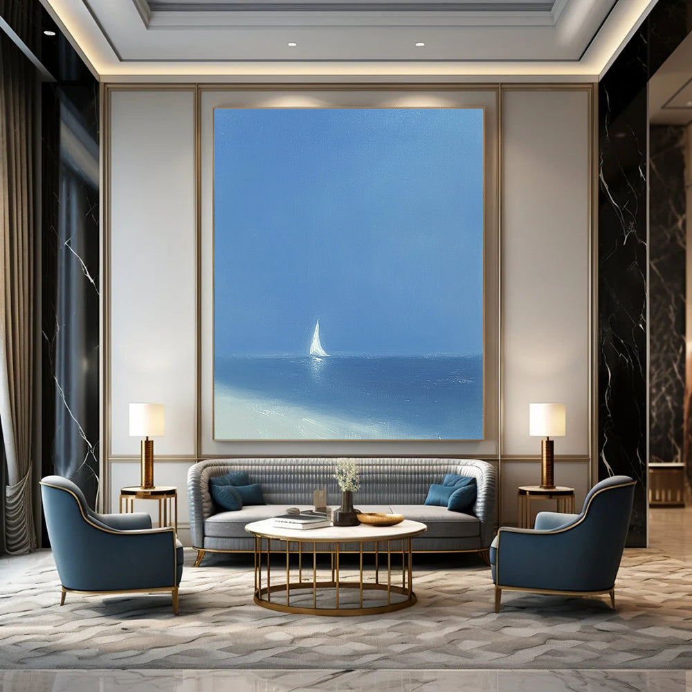 A large abstract painting featuring a minimalist white sailboat on the ocean under a blue sky with soft tones and wide brush strokes.STSC1062