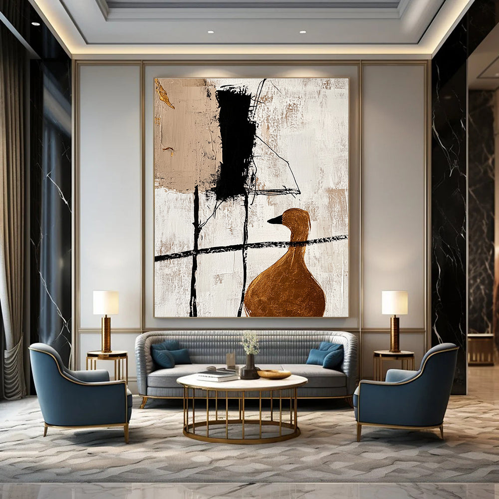 Large abstract painting featuring minimalist black lines and gold foil accents with a close-up of a golden goose in a beige color scheme.STSC466