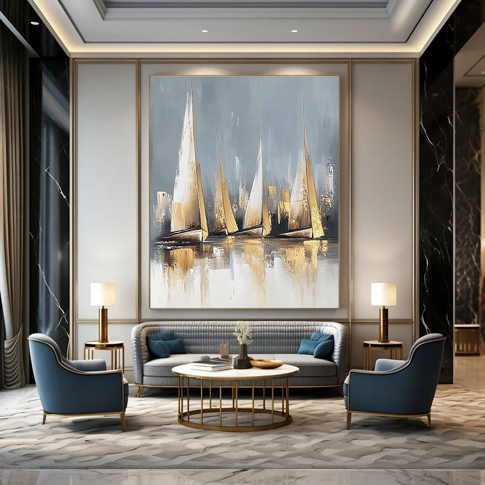 Large abstract painting featuring sailboats in neutral colors with gold accents and a serene water reflection on a white background.STSC460