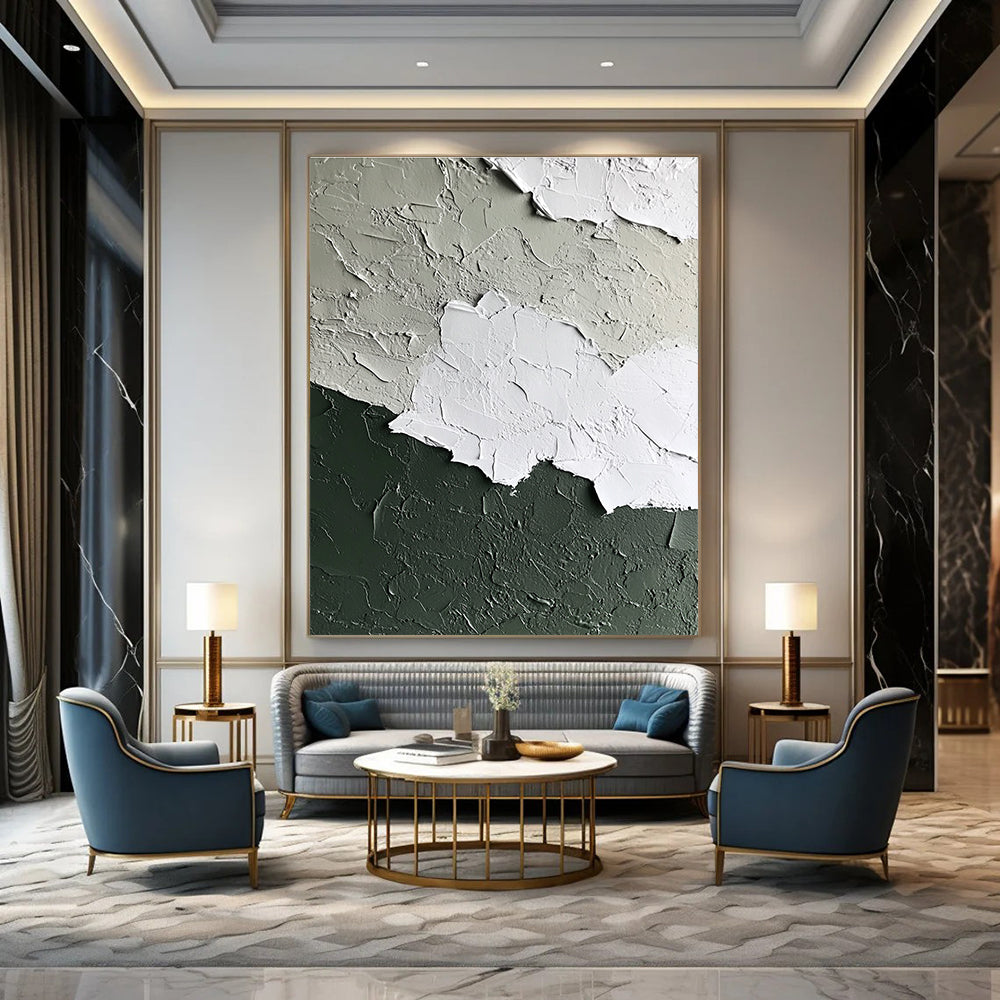 Abstract wall art in a white and sage green palette featuring a textured paint finish for a contemporary and elegant aesthetic.STSC132