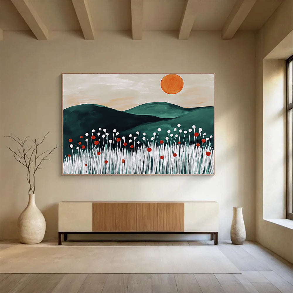 A large abstract painting featuring dark green hills white wheat stalks red flowers and an orange sun inspired by Matisse's minimalist style.SC465