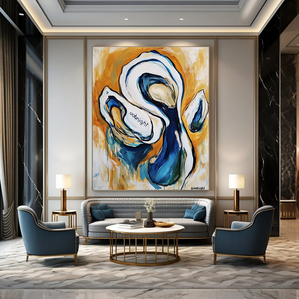 Large abstract painting of an oyster featuring the word goodnight in white and blue warm colors thick brush strokes and joyful scenes of dogs.STSC272