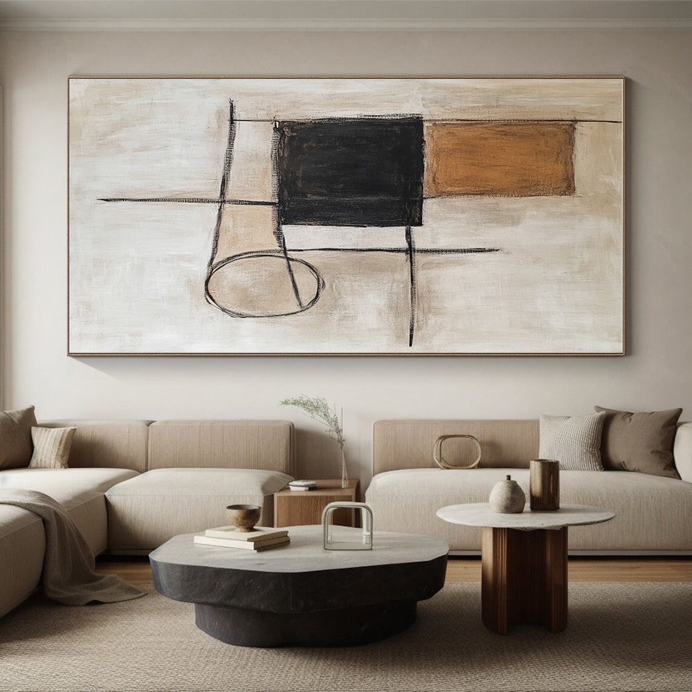 Brown Black and Beige Abstract Painting with Mixed Geometric Shapes GER183